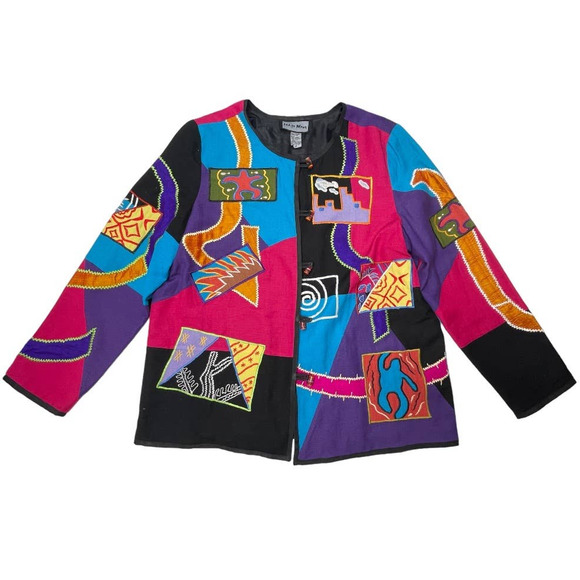 Women's Vintage  Indigo Moon Patchwork Modern Art Applique Jacket Sz M - Picture 11 of 11